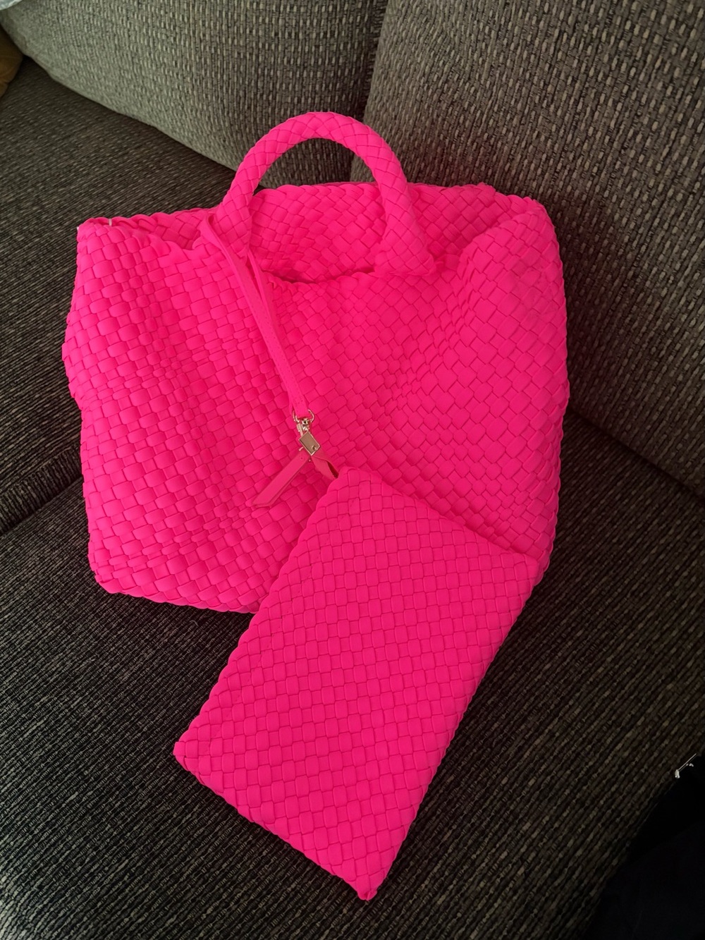 Ah dorned Hot Pink Woven Tote Bag with Matching Pouch - Women Bags